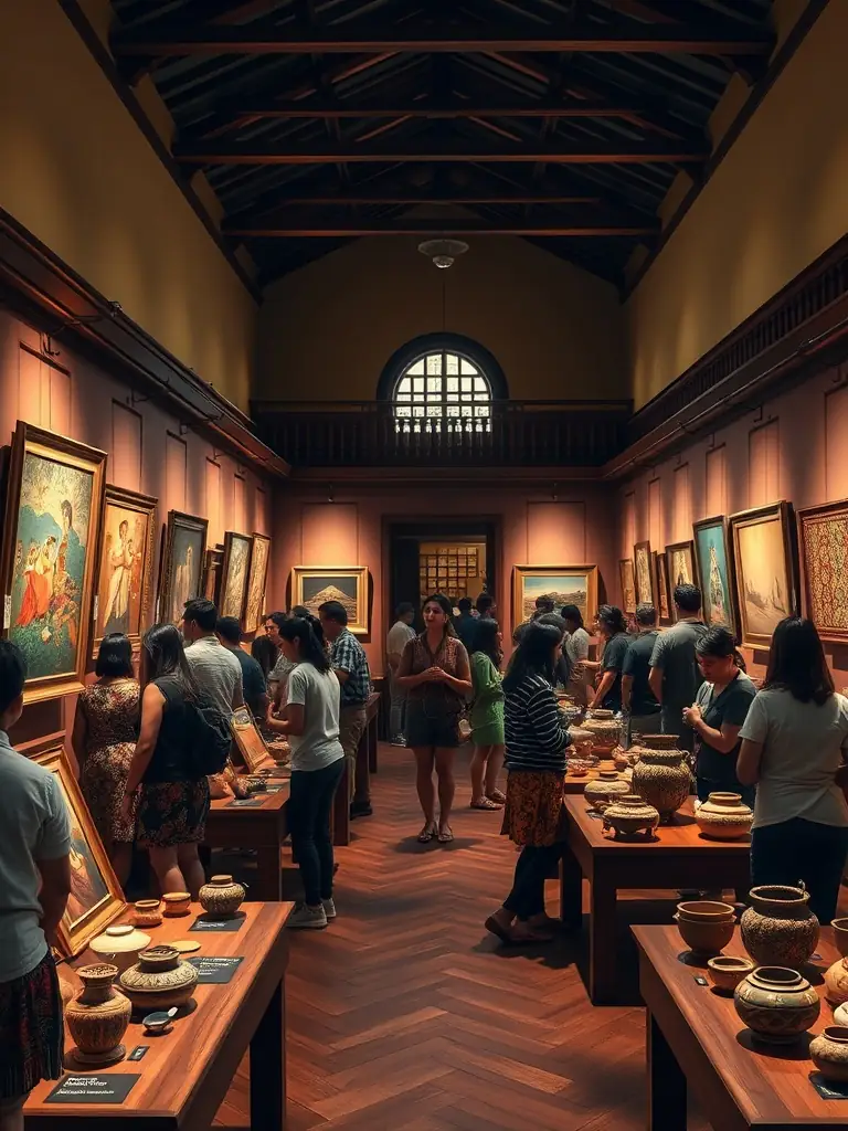 A vibrant photograph capturing a cultural exhibition at Hôtel Godin des Odonais, showcasing traditional Ecuadorian art and artifacts, with diverse attendees engaging with the displays.