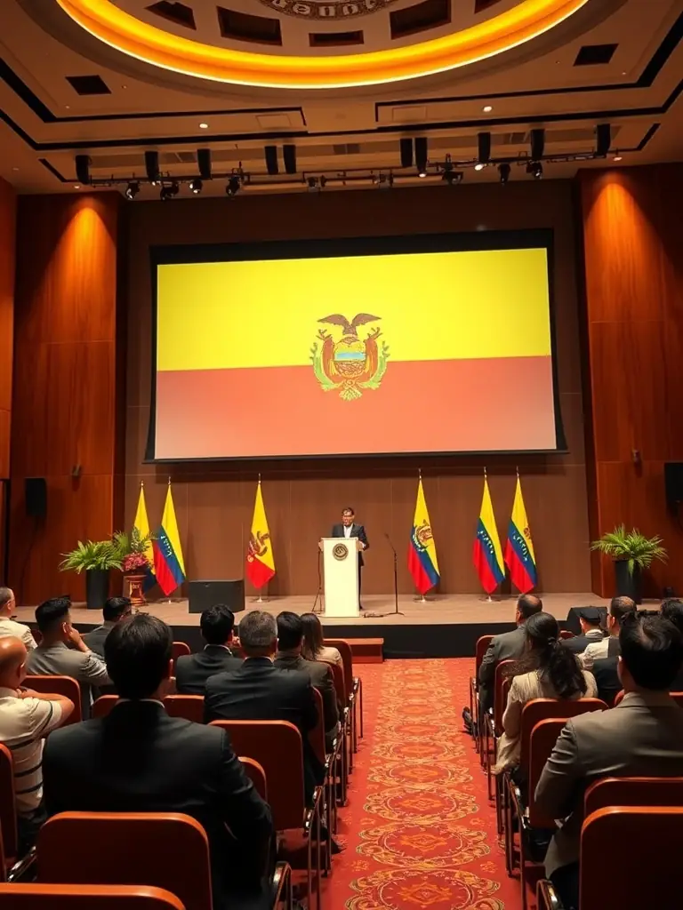 A photo of a conference organized by LA MAISON DE L'EQUATEUR, featuring speakers discussing topics related to Ecuadorian culture, history, and current affairs.