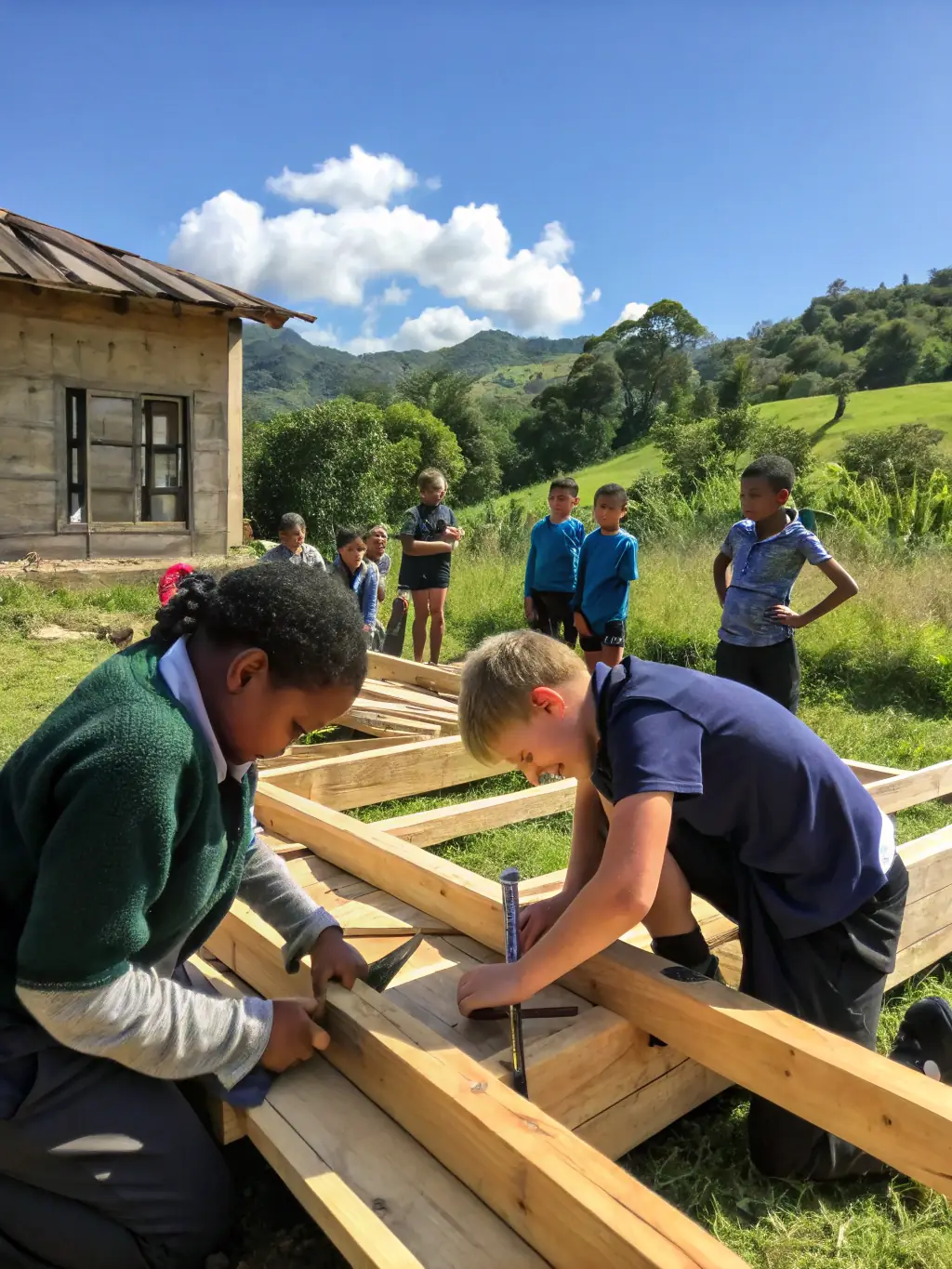 A group of volunteers working on a humanitarian project in Ecuador, building a school or providing medical assistance to a local community.
