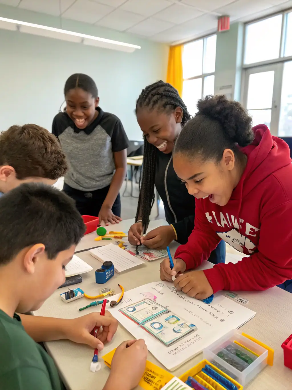 A group of students participating in an educational workshop at Hôtel Godin des Odonais, learning about Ecuadorian history and culture through interactive activities.