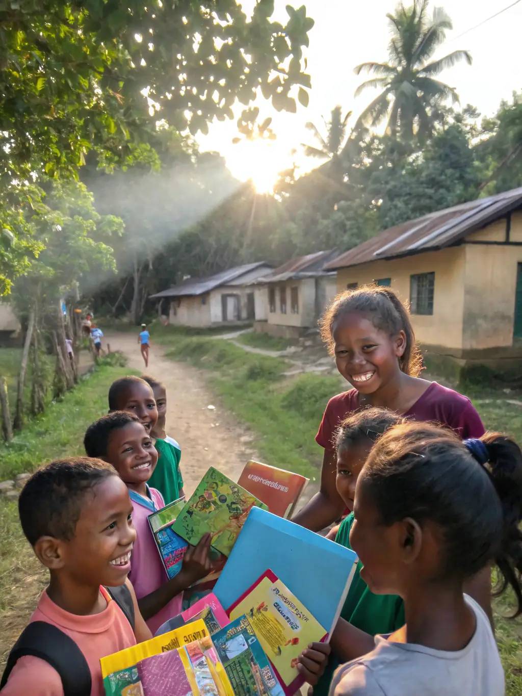 A vibrant photo of children in an Ecuadorian village participating in an educational program funded by LA MAISON DE L'EQUATEUR, showcasing their engagement and enthusiasm.