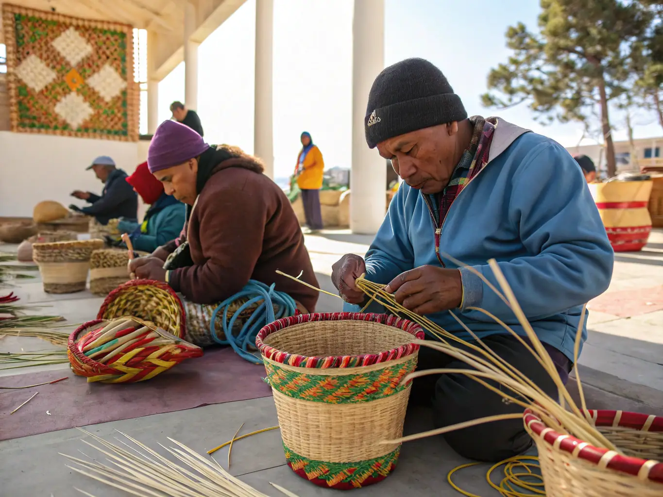 A photograph showing indigenous artisans from Ecuador displaying their crafts at an event supported by LA MAISON DE L'EQUATEUR, highlighting the organization's commitment to supporting indigenous communities.