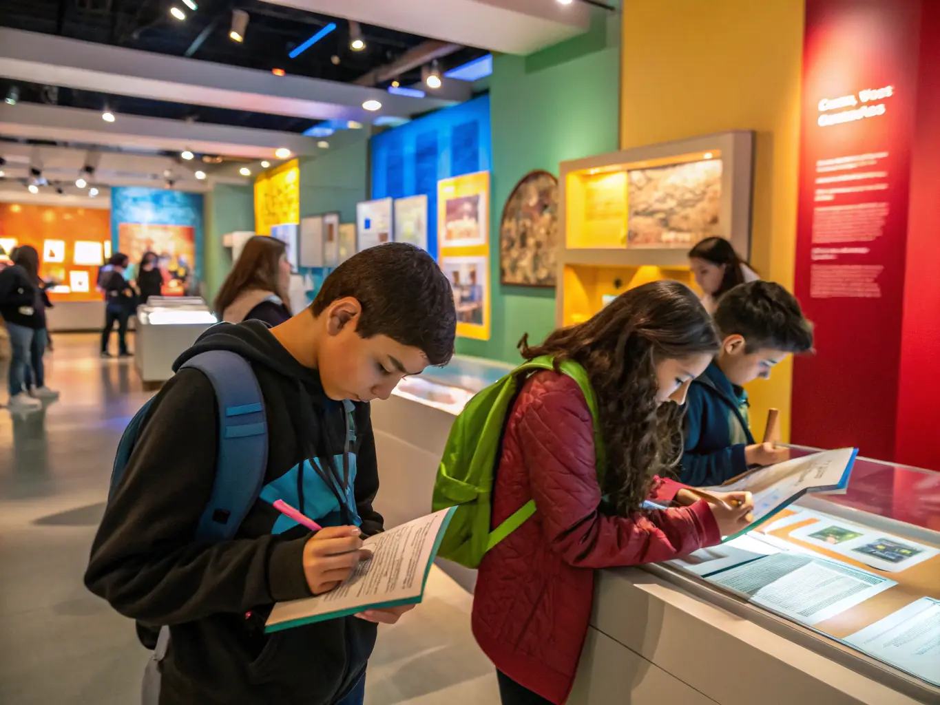 A photograph depicting an educational exhibition organized by LA MAISON DE L'EQUATEUR, with students and visitors interacting with interactive displays about Ecuadorian history and culture.